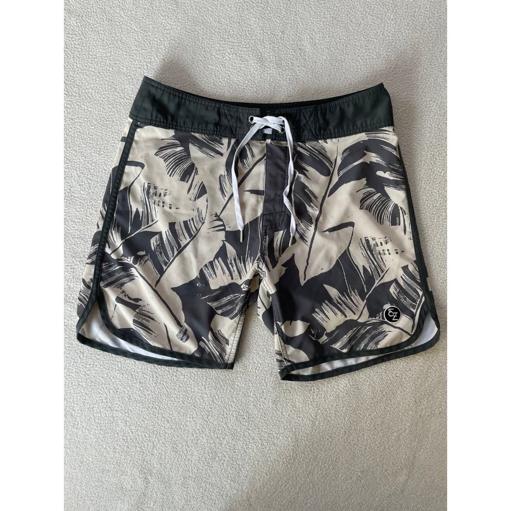 Ezekiel Mens 32 Board Shorts Tan Black Tropical Palm Leaf Print Surf Swim